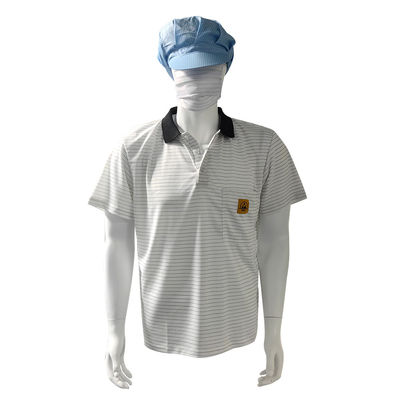 7MM Strip White Silk Knitting ESD Anti Static Polo T-Shirt 99% Polyester 1% Konduktif