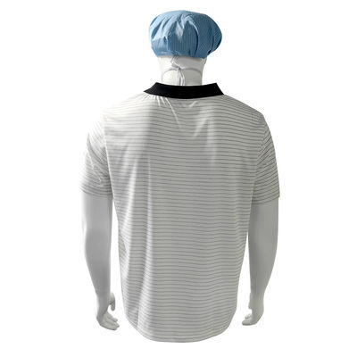 7MM Strip White Silk Knitting ESD Anti Static Polo T-Shirt 99% Polyester 1% Konduktif