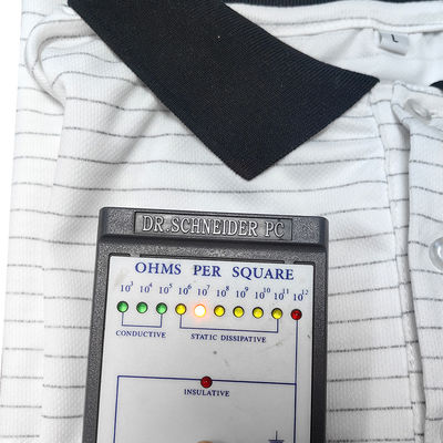 7MM Strip White Silk Knitting ESD Anti Static Polo T-Shirt 99% Polyester 1% Konduktif