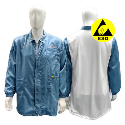 Cleanroom ESD Jaket Antistatik dengan Lapel Zipper White Mesh Back Jaket Lab Anti-Static