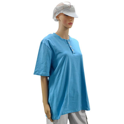 Cleanroom 99% Katun + 1% Serat Karbon Biru Unisex ESD Anti-statis O-neck T-shirt dengan 3 tombol