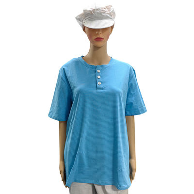Cleanroom 99% Katun + 1% Serat Karbon Biru Unisex ESD Anti-statis O-neck T-shirt dengan 3 tombol
