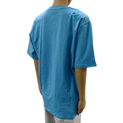 Cleanroom 99% Katun + 1% Serat Karbon Biru Unisex ESD Anti-statis O-neck T-shirt dengan 3 tombol