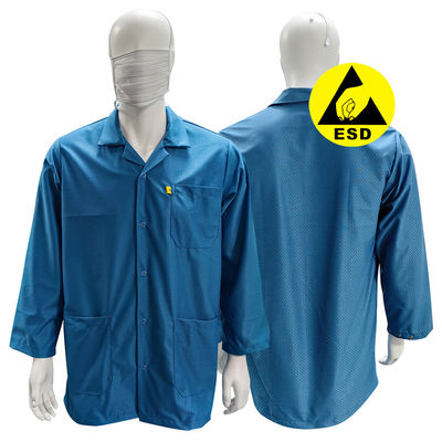Blue Washable Cleanroom ESD Smock Pakaian Antistatik Pakaian dengan 96% Polyester + 4% Karbon