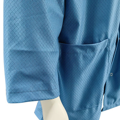 Blue Washable Cleanroom ESD Smock Pakaian Antistatik Pakaian dengan 96% Polyester + 4% Karbon