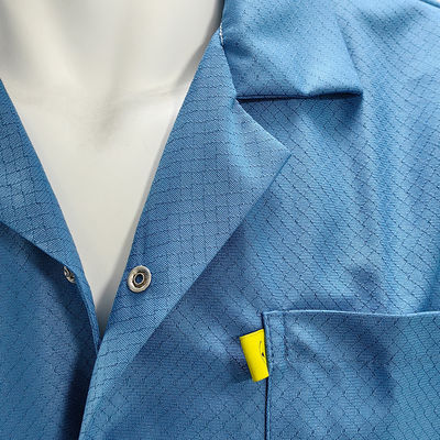 Blue Washable Cleanroom ESD Smock Pakaian Antistatik Pakaian dengan 96% Polyester + 4% Karbon