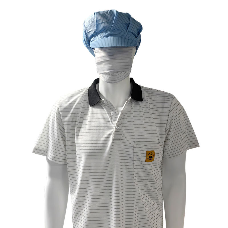 7MM Strip White Silk Knitting ESD Anti Static Polo T-Shirt 99% Polyester 1% Konduktif