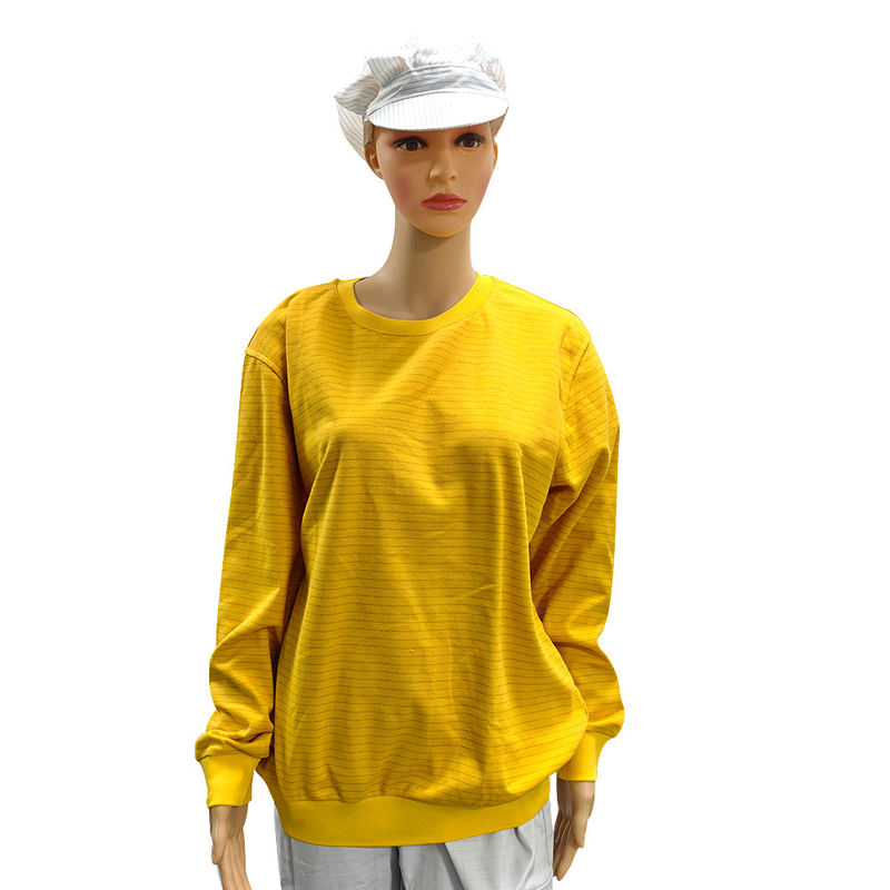 Kuning 5mm Strip 99% Katun + 1% Serat Karbon ESD Anti-statis Long Sleeve Shirt Untuk Laboratorium