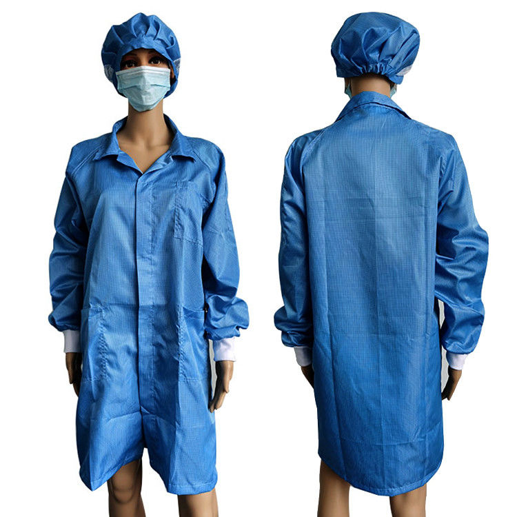 Unisex Blue 2.5mm Grid ESD Lab Coats Baju Tahan Debu Dengan Tutup Warna Yang Sama