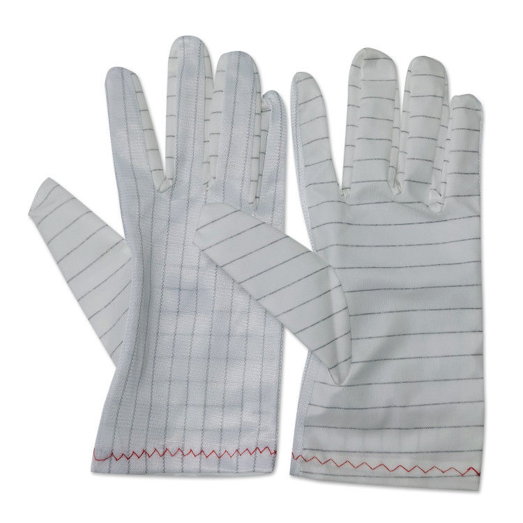 White Stripe PU Fabric ESD Anti Static Gloves Lint Free Untuk Industrial Cleanroom