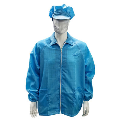 Blue Anti Static Lab Coat Grid 98% Polyester 2% Carbon Fiber Kain Jaket